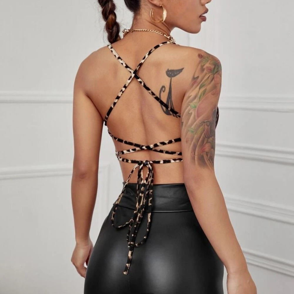 Leopard lace up back cami top